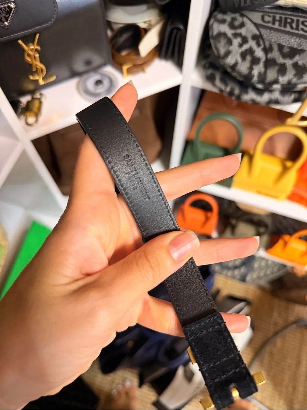 Saint Laurent Black Suede Logo Belt with Gold Buckle. Like new! 95cm